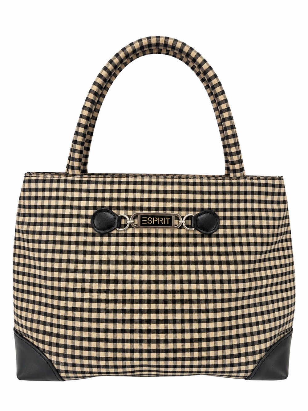 Vintage Esprit Gingham Check Mini Tote Bag Black Tan Y2K Top Handle Purse